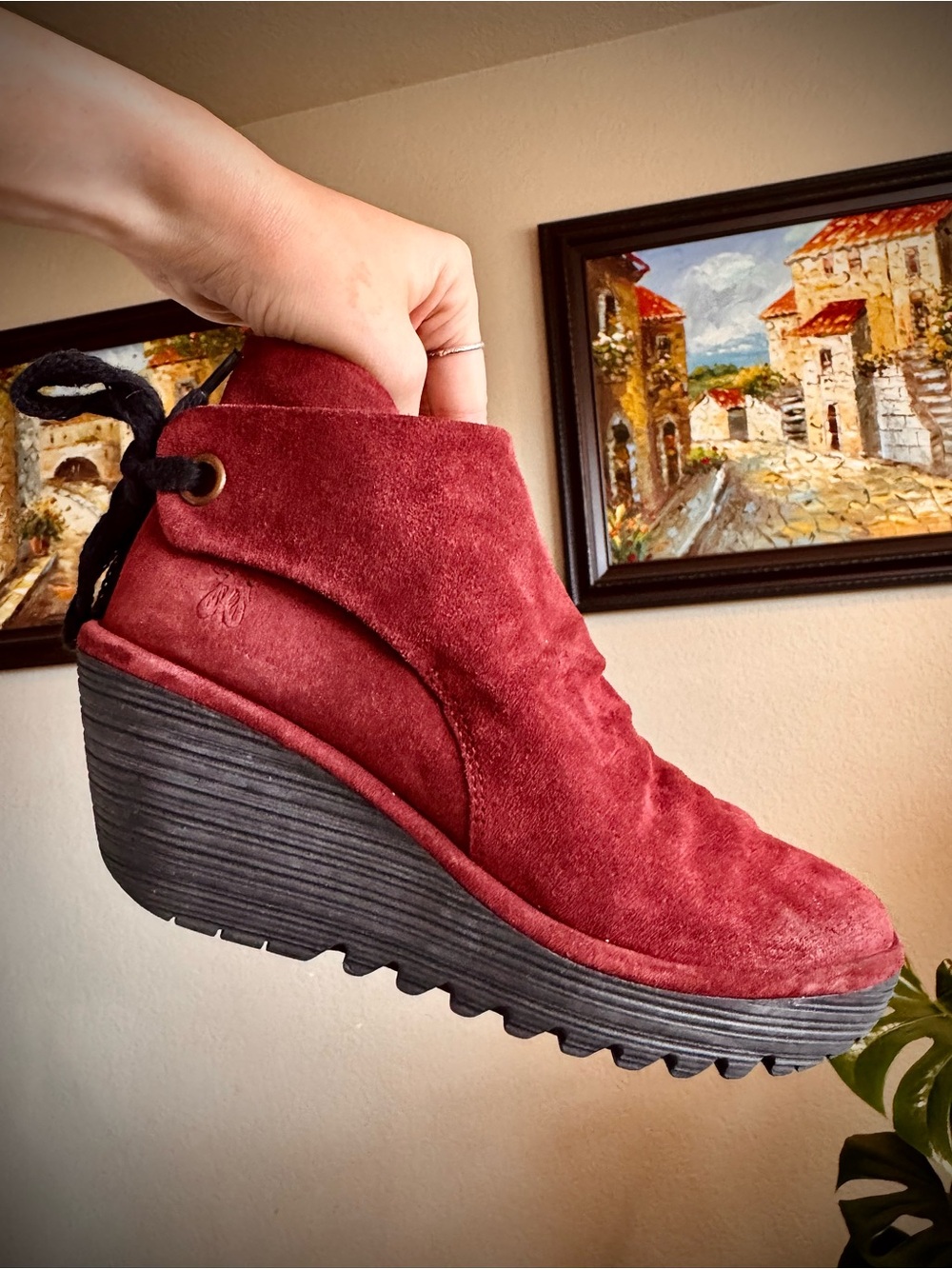 Fly London Yebi Maroon Dark Red Suede Leather Wedge Heels Shoes 39